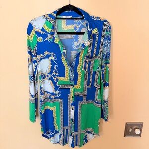 Timing Blue and Green Versace Style Button Down Dress